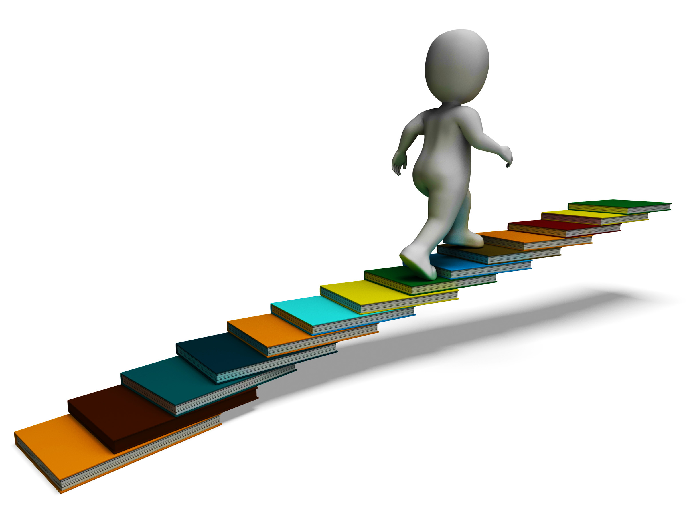 Cartoon of a generic human figure climbing a staircase built of books