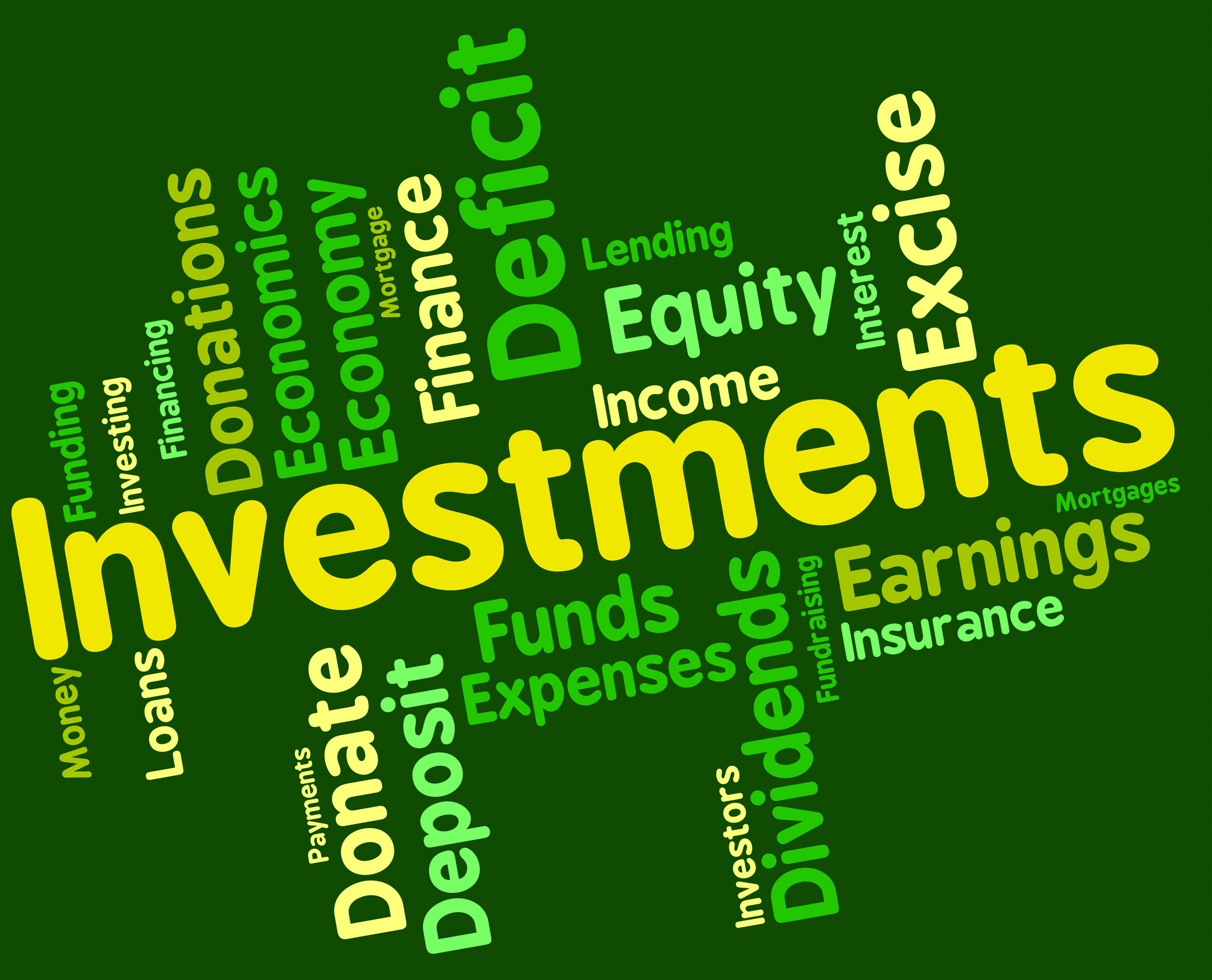 Graphics displaying multiple investment terms on a green background
