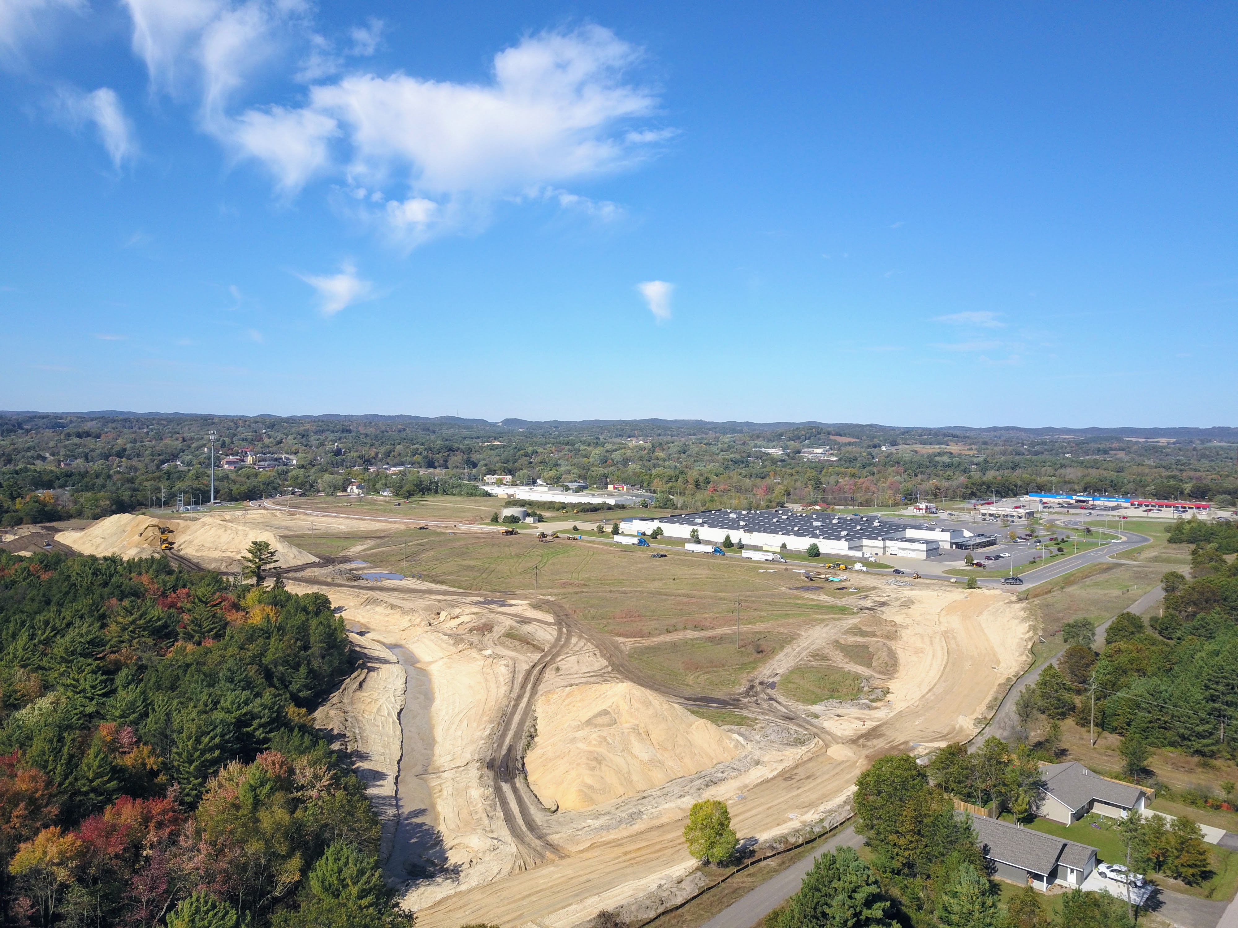 Aerial photo of the City of Black River Falls business park development area after tree clearing and earth moving have been comp