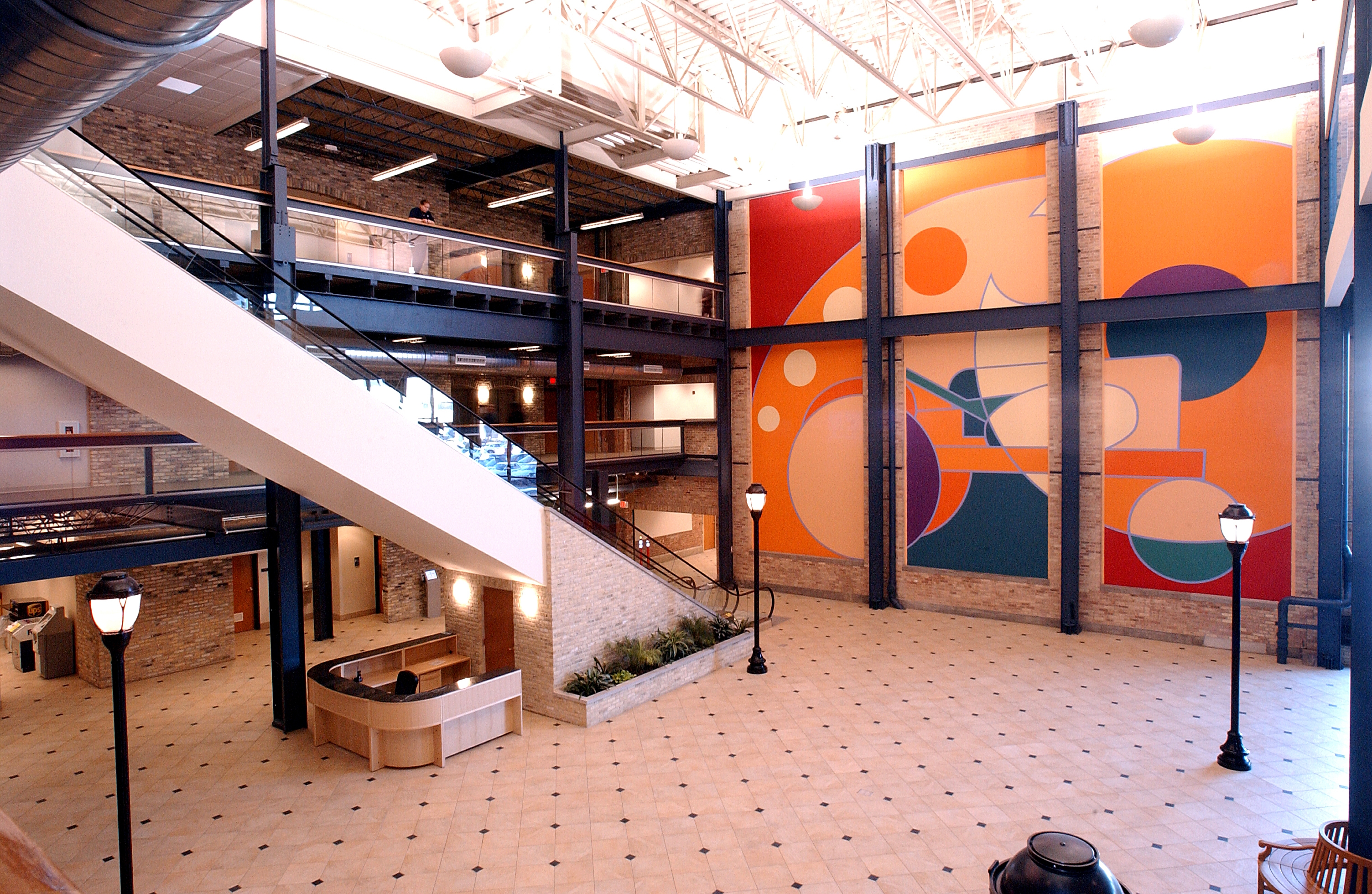 2 story atrium within 4 story Summit Place business center in the City of West Allis