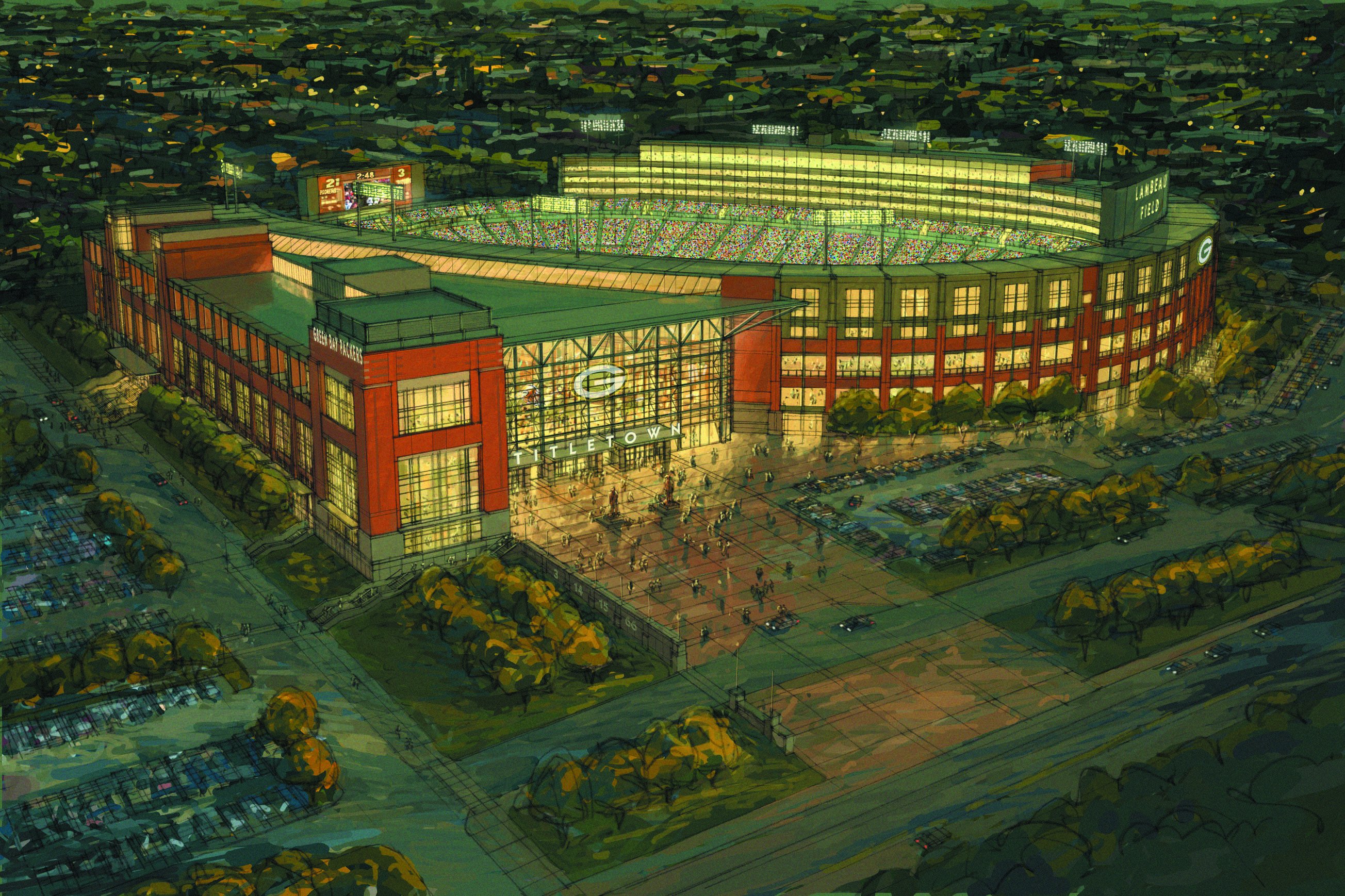 Artist rendering of aerial view of Lambeau Stadium in Green Bay