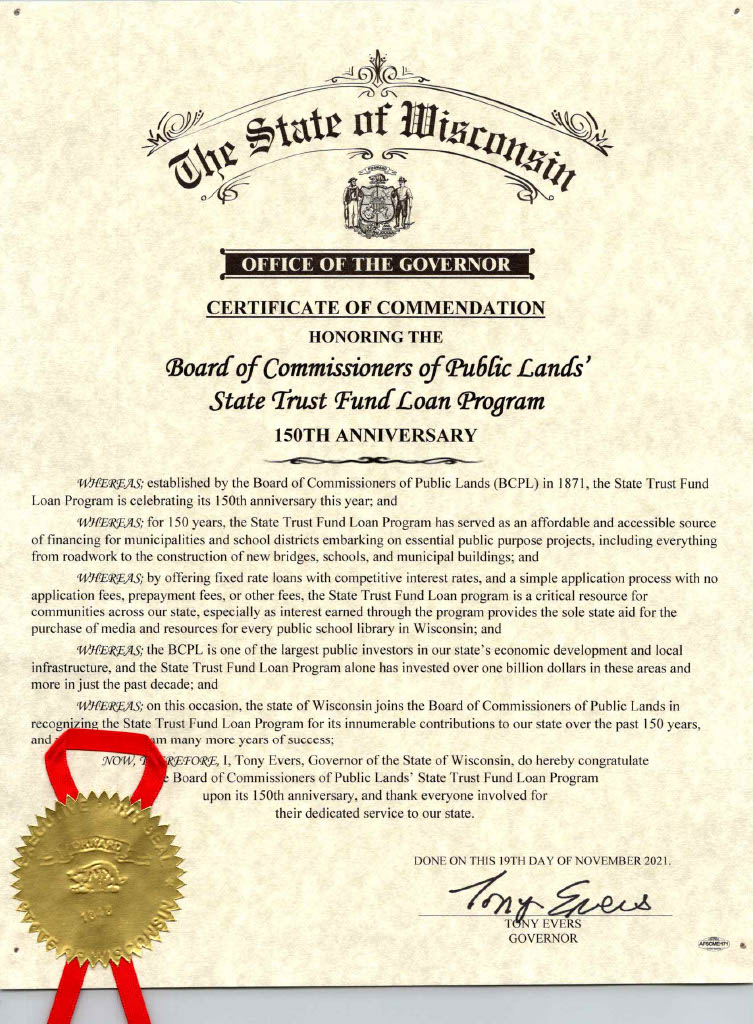 Trust Fund Loan Programs 150th Anniversary Certificate